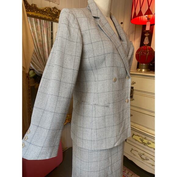 vintage 1990s Ungaro gray plaid womens suit double breasted jacket med 6 skirt - Picture 6 of 8